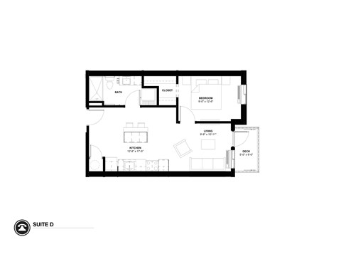 Floor plan for 1 bed, 0.8 baths, 616 sqft